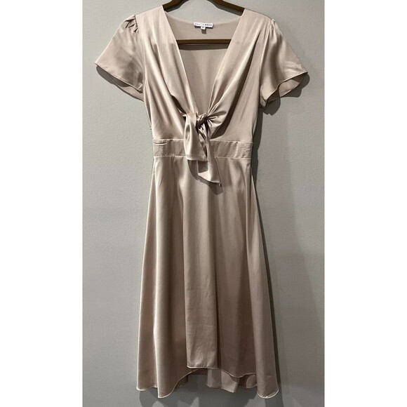 Baltic Born Dresses & Skirts - Baltic Born Poppy Satin Midi Dress XS Knot Front Flutter Sleeve Champagne Tie